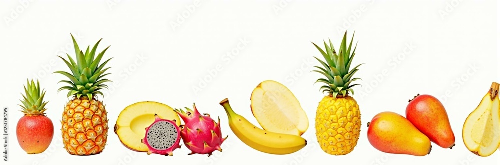 Vibrant tropical fruit selection featuring pineapple, mango, and dragon fruit on a crisp white background Vibrant tropical fruit selection featuring pineapple, mango, and dragon fruit on a crisp white background