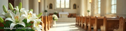 White lily arrangement in a church baptismal area, flowers, white photo