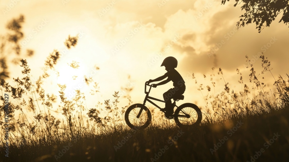 Naklejka premium A whimsical silhouette of a child learning to ride a bicycle, with a playful stance and a backdrop of a sunny day, evoking nostalgia and childhood memories.