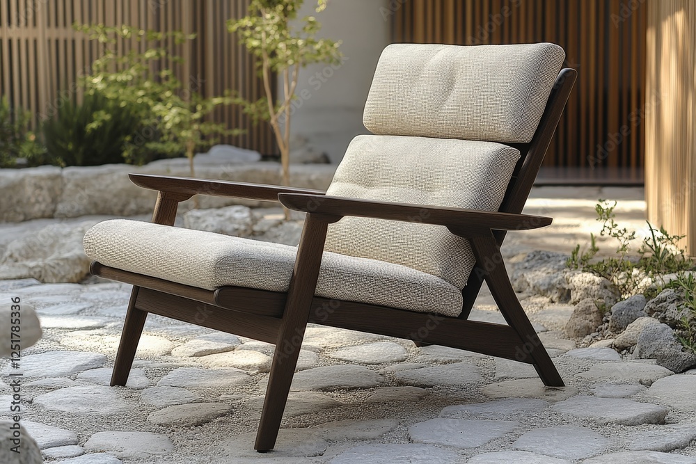 A striking wooden chair, styled with soft cushions, is set against beautifully arranged stone pathways, inviting you to unwind in this tranquil outdoor setting.