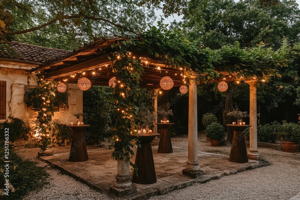 This beautifully arranged outdoor venue is adorned with lush greenery and twinkling lights, creating an enchanting atmosphere for gatherings or celebrations. This beautifully arranged outdoor venue is adorned with lush greenery and twinkling lights, creating an enchanting atmosphere for gatherings or celebrations.