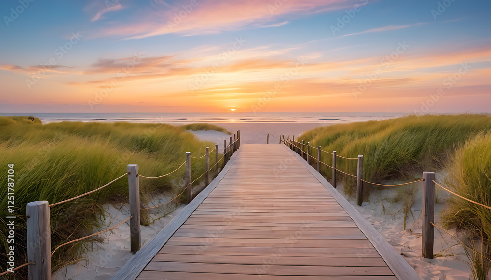 Beach Sunset Scenic Ocean View with Wooden Boardwalk Beach Sunset Scenic Ocean View with Wooden Boardwalk