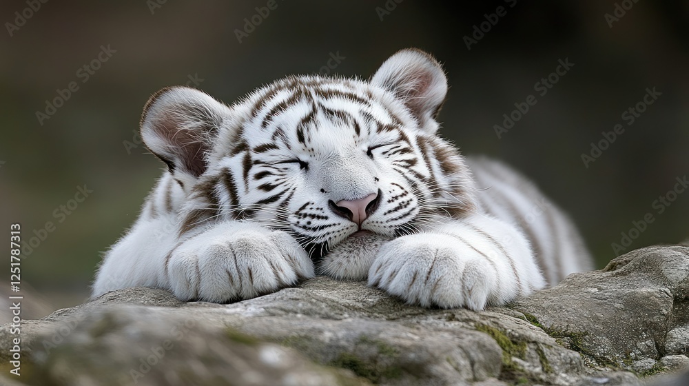 Sleeping white tiger cub on rock, blurred background, wildlife sanctuary, adorable Sleeping white tiger cub on rock, blurred background, wildlife sanctuary, adorable