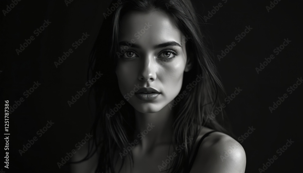 A black and white portrait of attractive brunette woman. Head shot of thoughtful girl with long hair. Caucasian ethnicity young adult looks to camera in dark studio. Generative AI art. A black and white portrait of attractive brunette woman. Head shot of thoughtful girl with long hair. Caucasian ethnicity young adult looks to camera in dark studio. Generative AI art.