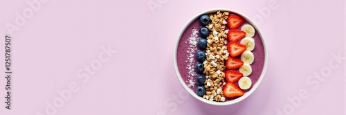 Vibrant Acai Smoothie Bowl with Fresh Fruits and Granola on a Pastel Purple Background