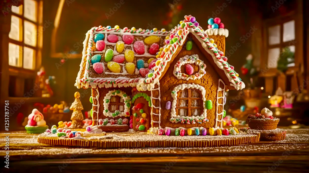 A beautifully decorated gingerbread house with intricate icing details and colorful candy embellishments A beautifully decorated gingerbread house with intricate icing details and colorful candy embellishments