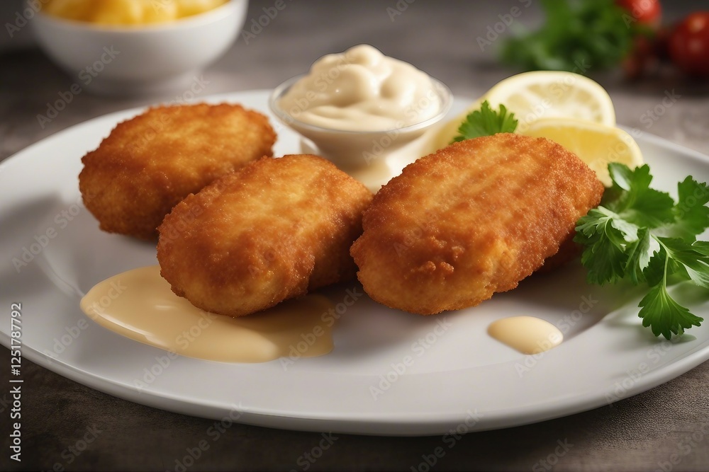 Crispy Chicken Croquettes with Creamy Mayonnaise Sauce on a Plate, Generative AI Crispy Chicken Croquettes with Creamy Mayonnaise Sauce on a Plate, Generative AI