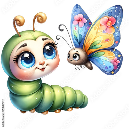 A cheerful cartoon of a green caterpillar and a colorful butterfly, representing transformation, joy, and the beauty of nature.