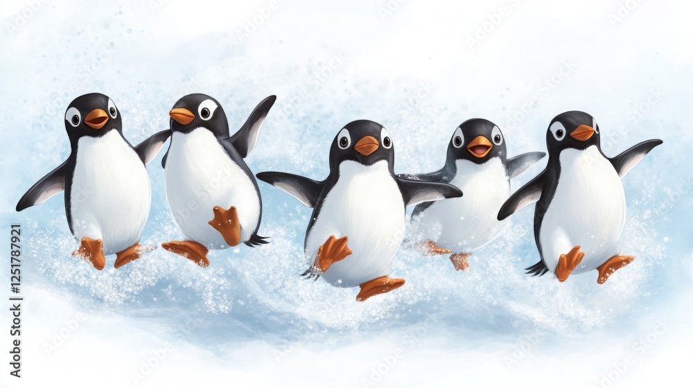 Obraz premium A group of penguins slipping on ice, funny and chaotic, winter wonderland setting