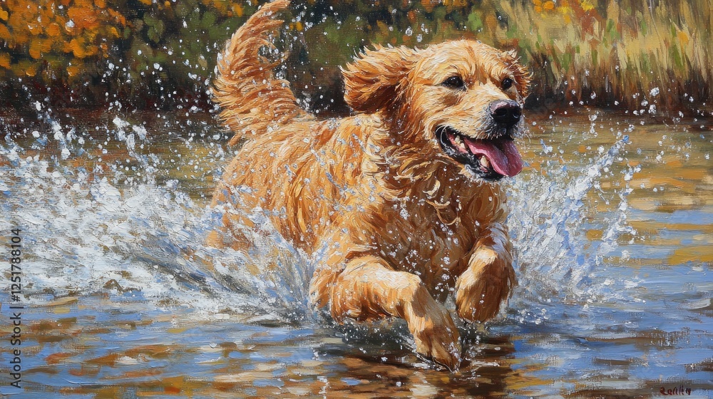 Golden retriever splashing through a shallow lake, water droplets mid-air, joyful expression, bright sunny day