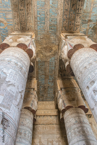 Ancient Egyptian hieroglyphics and wall drawings at Dendera temple, Luxor, Egypt.