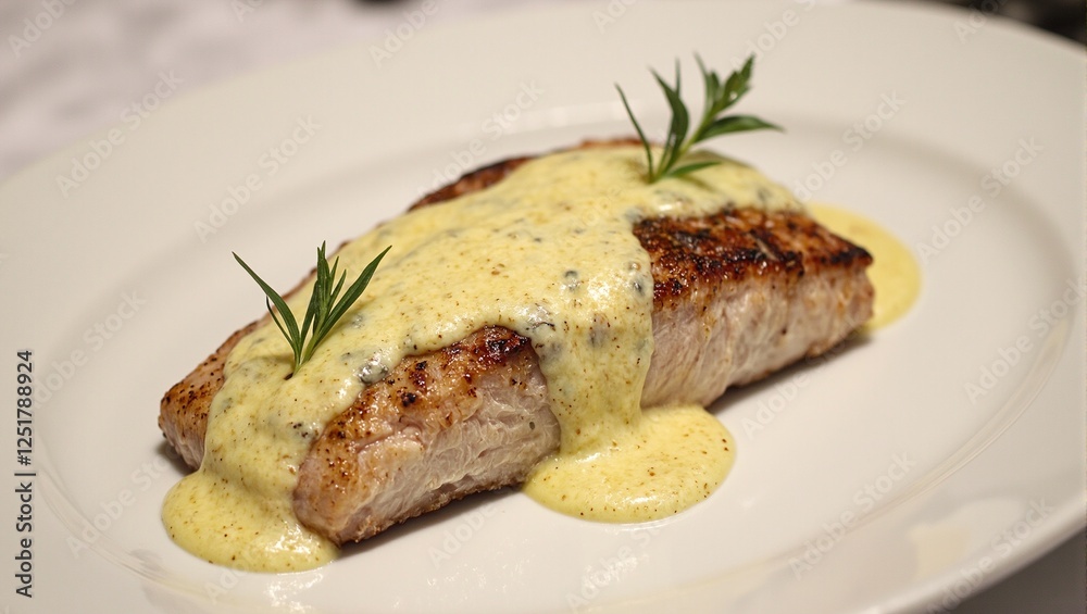 Exquisite grilled swordfish steak with tangy lemon beurre blanc sauce elegantly displayed for a gourmet dining experience Exquisite grilled swordfish steak with tangy lemon beurre blanc sauce elegantly displayed for a gourmet dining experience