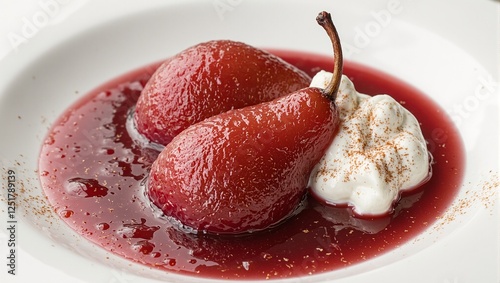 Exquisite poached pear in red wine garnished with creamy mascarpone and a touch of cinnamon beautifully presented