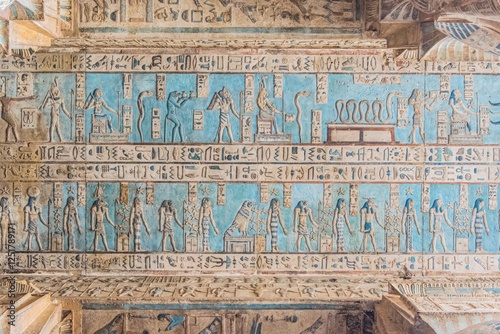 Ancient Egyptian hieroglyphics and wall drawings at Dendera temple, Luxor, Egypt.
