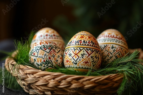 A stylish presentation of ornate Easter eggs nestled among fresh greenery, evoking feelings of renewal and warmth in the springtime atmosphere. photo