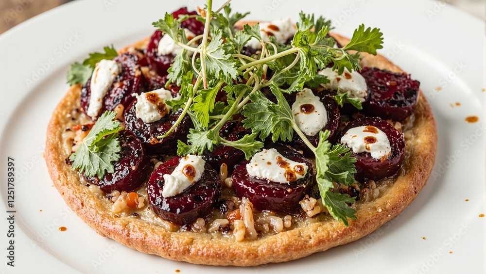Delicious vegetable tart with roasted beets and creamy goat cheese drizzled with a savory balsamic reduction Sumptuous culinary masterpiece