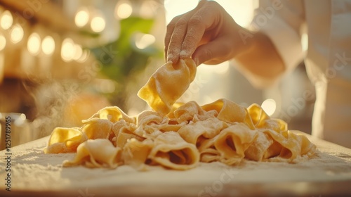 Chef carefully placing fresh handmade ravioli on plate photo