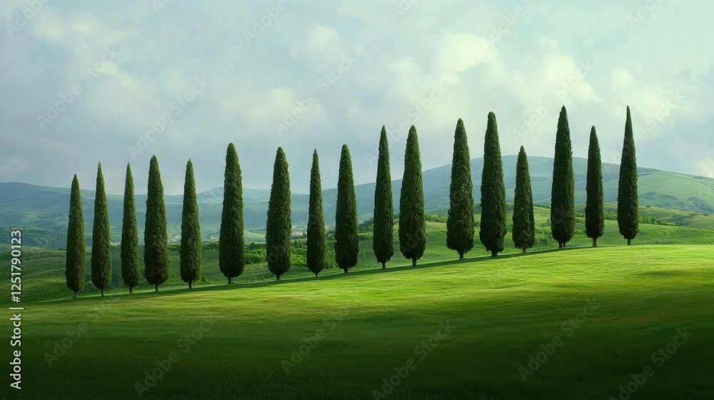 Fototapeta premium Serene line of cypress trees in rolling hills nature landscape photography green environment wide view tranquil concept