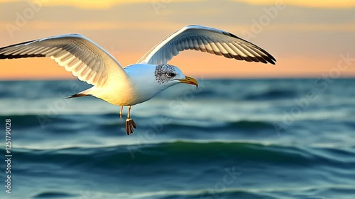 Seagull soaring over ocean waves at sunset, capturing nature's beauty