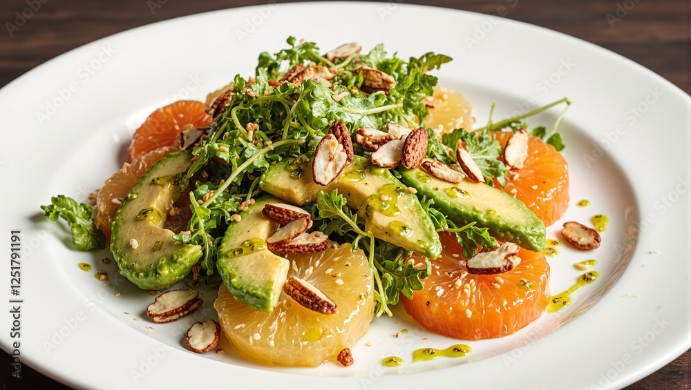 Vibrant citrus and avocado salad with a zesty vinaigrette adorned with crunchy toasted almonds Perfect for food blogs and menus Vibrant citrus and avocado salad with a zesty vinaigrette adorned with crunchy toasted almonds Perfect for food blogs and menus