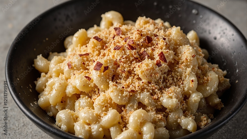 Indulge in a decadent truffle mac and cheese dish sprinkled with golden breadcrumbs and delicate truffle slices in an elegant black ceramic bowl Indulge in a decadent truffle mac and cheese dish sprinkled with golden breadcrumbs and delicate truffle slices in an elegant black ceramic bowl