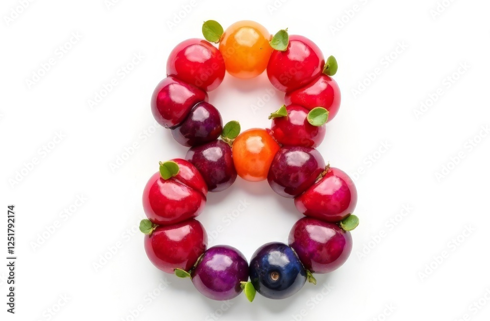 Obraz premium Number 8 made from real berries: lingonberries, blueberries, strawberries and leaves. Idea for spring, summer and international women's day