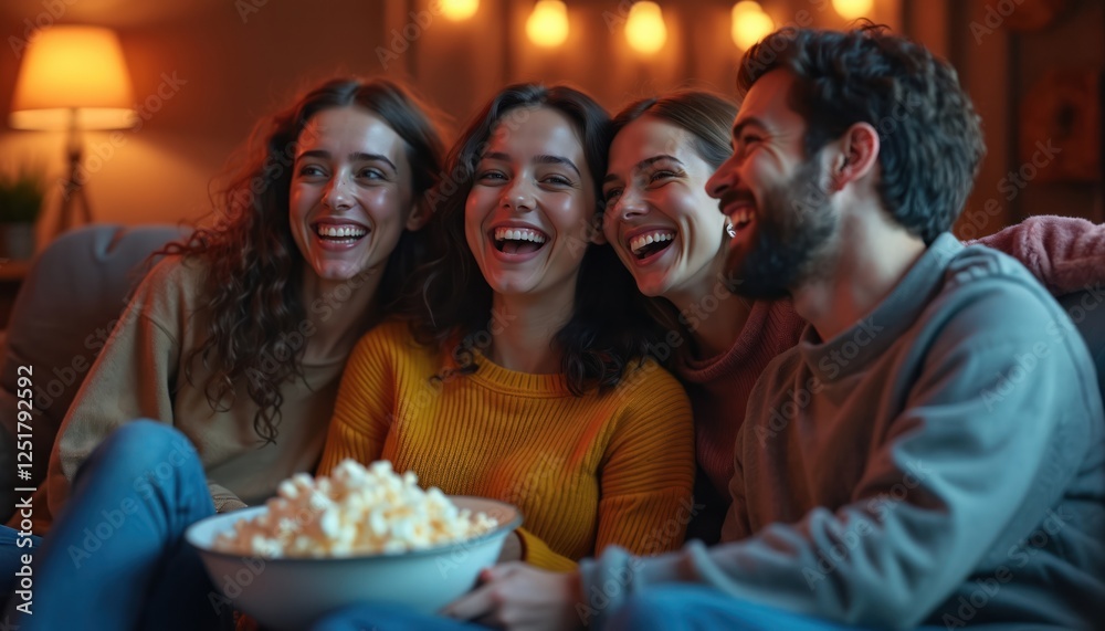 Fototapeta premium Group of friends laughing while watching movie together. They sit on a couch eating popcorn and having fun. Home entertainment and leisure concept, friendship, togetherness, joy, cozy evening party.