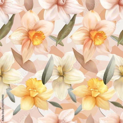 Elegant floral pattern featuring soft pastels and daffodils designed for sophistication and spring vibes in digital art