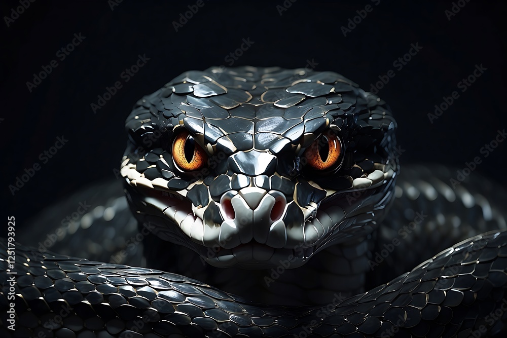 Fototapeta premium close up of black headed snake with orange eyes on black background, intricate scales, intense wildlife concept for fantasy, mystery and power symbolism