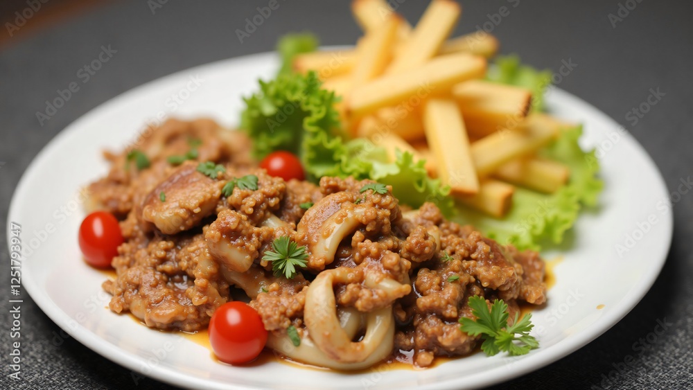 Delicious Squid and Minced Meat Dish with French Fries Delicious Squid and Minced Meat Dish with French Fries
