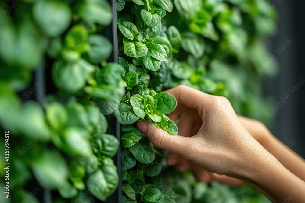 Hand gently touching vibrant green leaves on a vertical garden wall, showcasing fresh herbs. Hand gently touching vibrant green leaves on a vertical garden wall, showcasing fresh herbs.