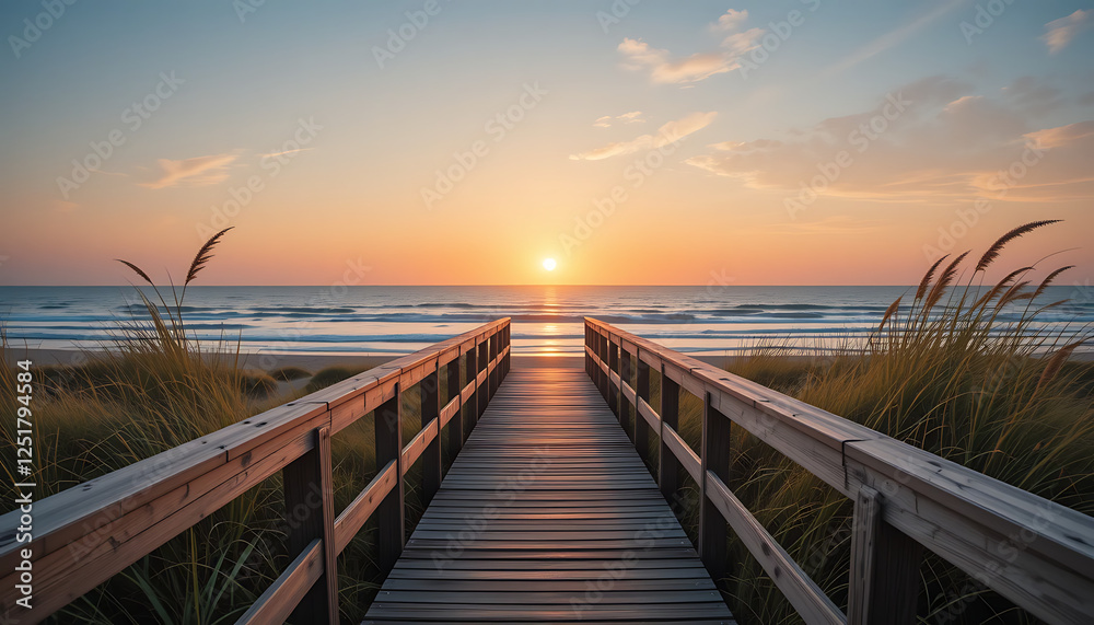 Obraz premium Beach Sunset Scenic Ocean View with Wooden Boardwalk
