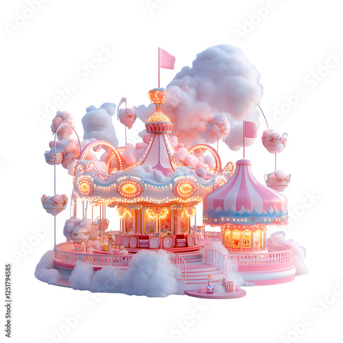 Fluffy 3D Cartoon Carnival with Glowing Pink Carousel Isolated on Transparent Background
