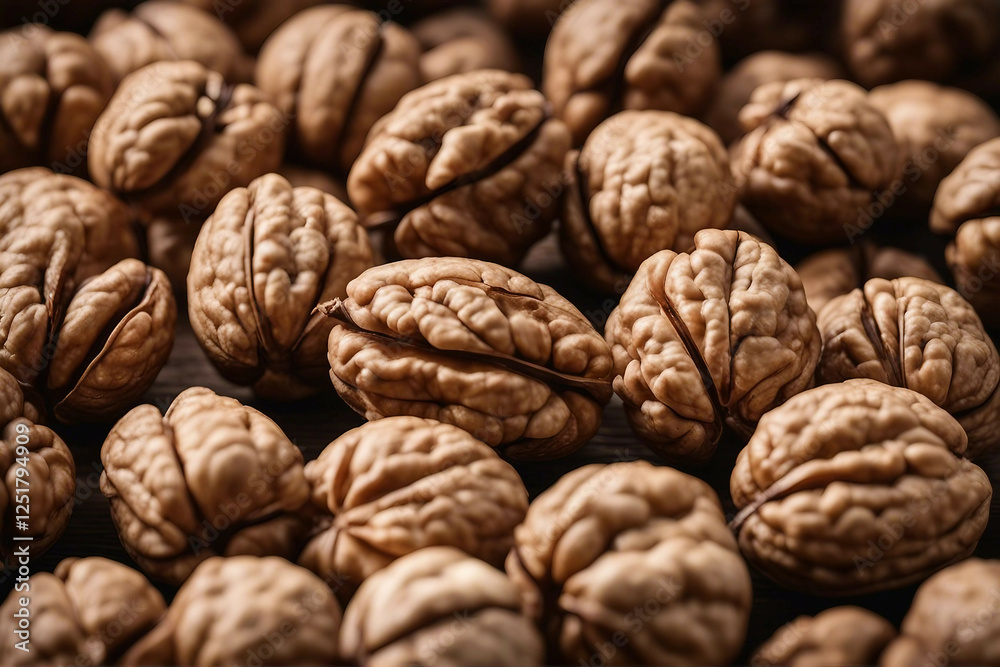 Whole Walnuts and Shelled Walnut Kernels Artfully Displayed on a Table, Generative AI Whole Walnuts and Shelled Walnut Kernels Artfully Displayed on a Table, Generative AI