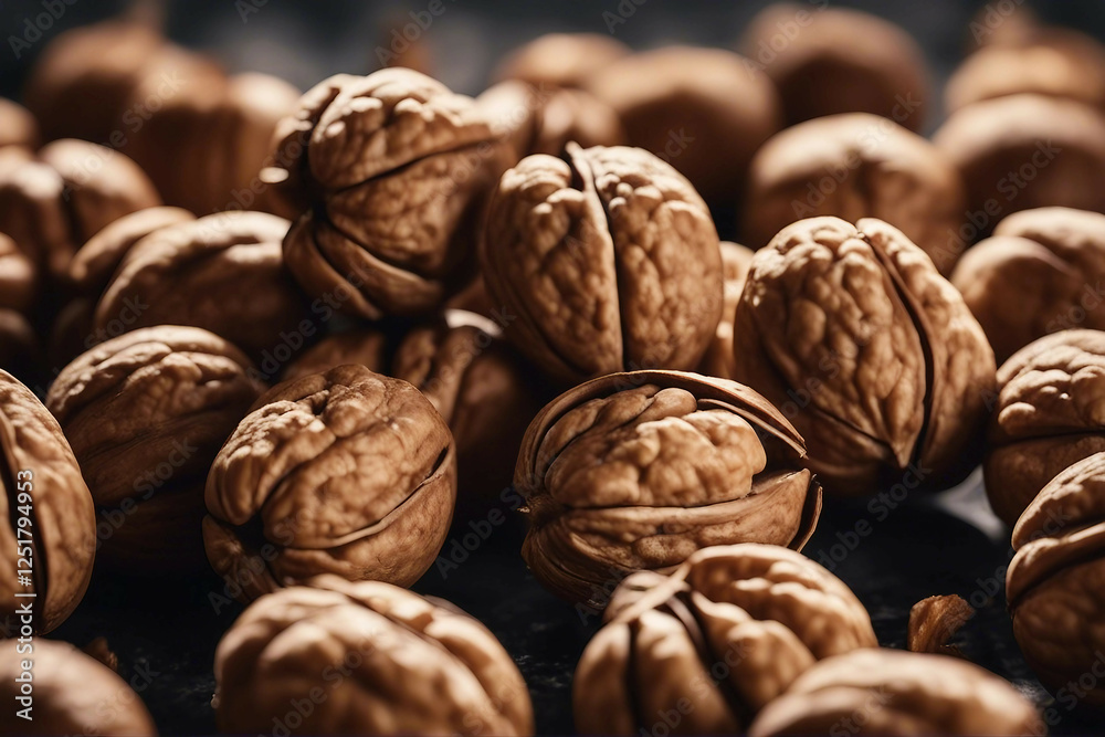 Whole Walnuts and Shelled Walnut Kernels Artfully Displayed on a Table, Generative AI Whole Walnuts and Shelled Walnut Kernels Artfully Displayed on a Table, Generative AI