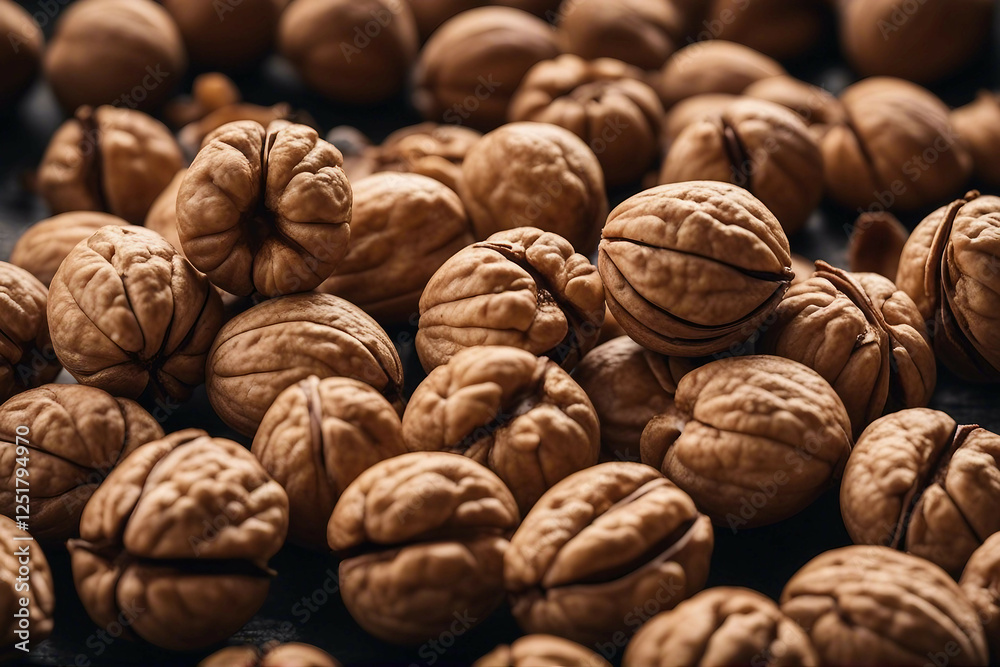 Whole Walnuts and Shelled Walnut Kernels Artfully Displayed on a Table, Generative AI Whole Walnuts and Shelled Walnut Kernels Artfully Displayed on a Table, Generative AI