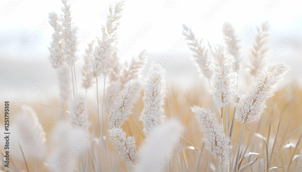 Fototapeta Horizontal shot of wheat ears on a white background, full depth of field, captured with Generative AI AI Generated