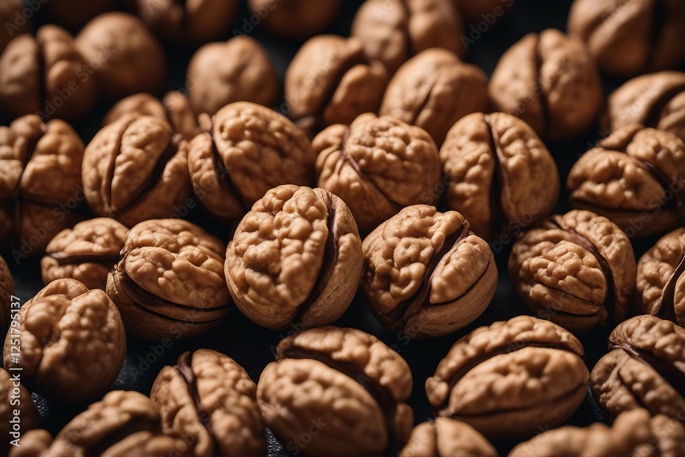 Whole Walnuts and Shelled Walnut Kernels Artfully Displayed on a Table, Generative AI Whole Walnuts and Shelled Walnut Kernels Artfully Displayed on a Table, Generative AI