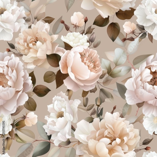 Elegant floral pattern featuring soft pastels with peonies and roses for a sophisticated spring design