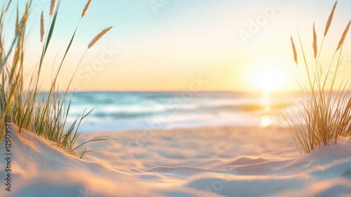Sunset summer illuminating windswept dune grass, casting golden light across peaceful sandy shoreline with gentle coastal calm background