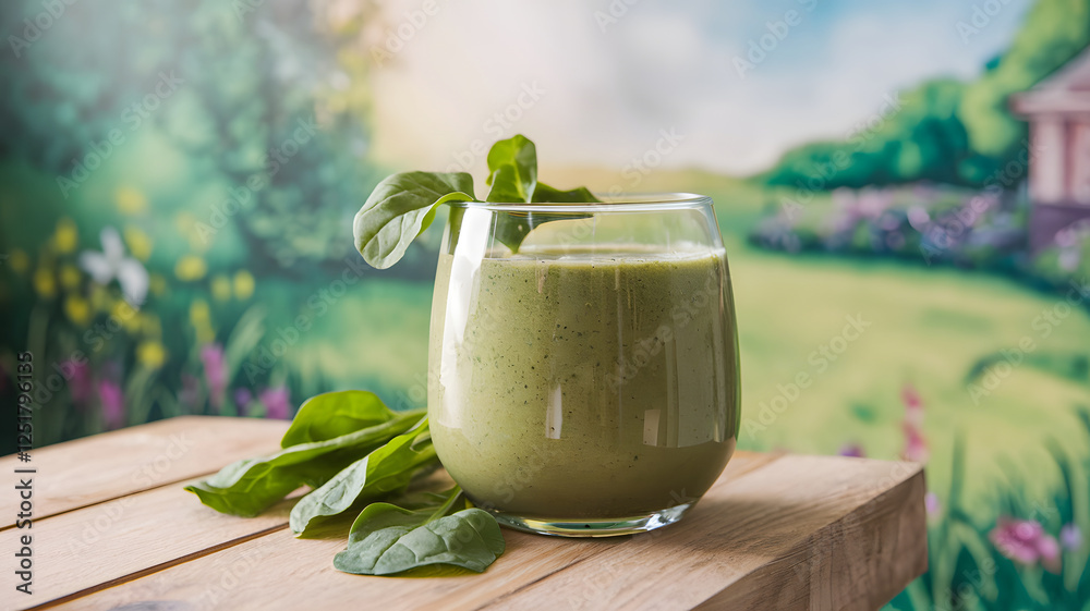 A refreshing green spinach smoothie in a clear glass garnished with fresh spinach leaves, placed on a table with a blurred lush garden background. Perfect for healthy lifestyle and nutrition concepts. A refreshing green spinach smoothie in a clear glass garnished with fresh spinach leaves, placed on a table with a blurred lush garden background. Perfect for healthy lifestyle and nutrition concepts.