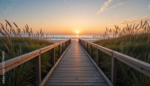  Beach Sunset Scenic Ocean View with Wooden Boardwalk