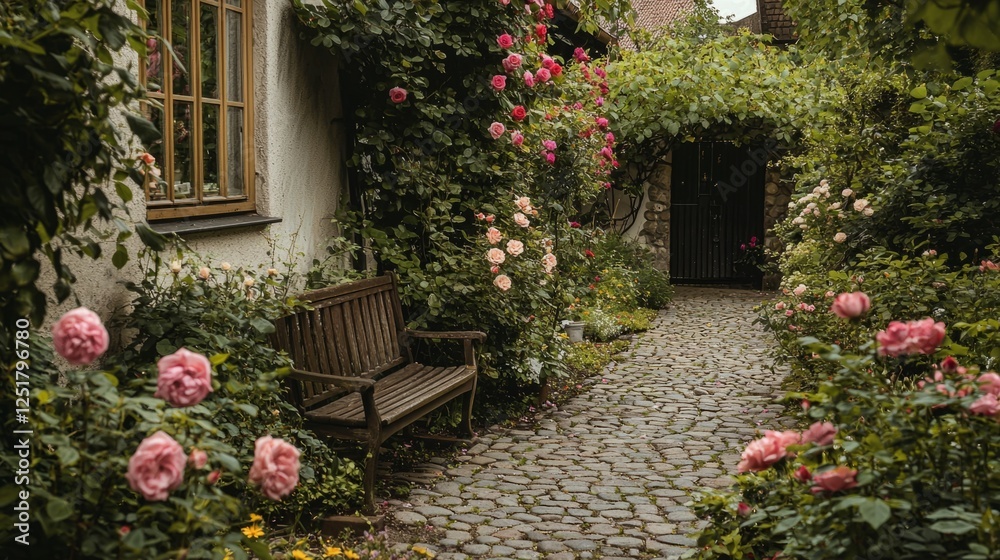 Naklejka premium Charming Garden Pathway Surrounded by Colorful Roses and Greenery