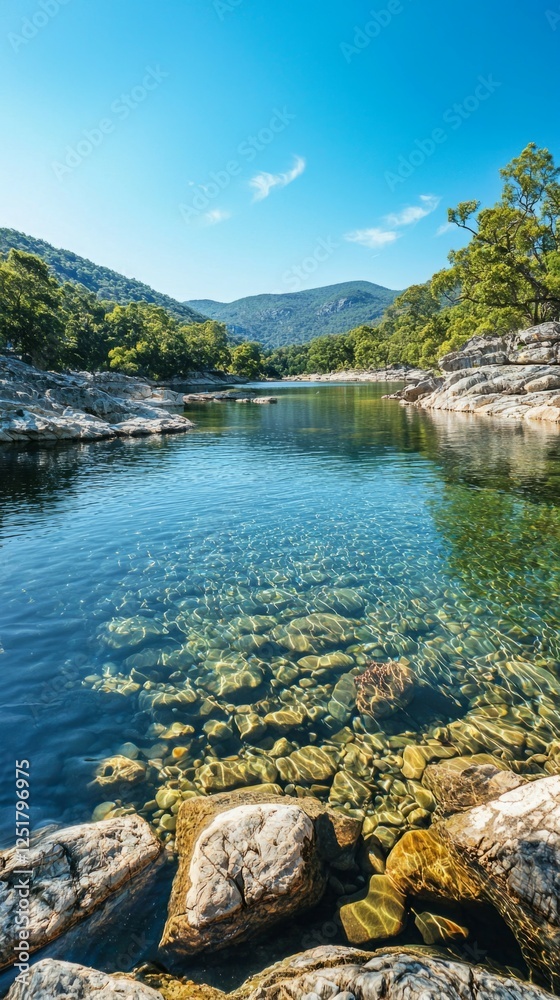 Tranquil River Landscape with Clear Water and Rocky Shoreline Tranquil River Landscape with Clear Water and Rocky Shoreline