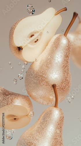 Poires dorées en lévitation avec gouttes d'eau et effet pailleté photo