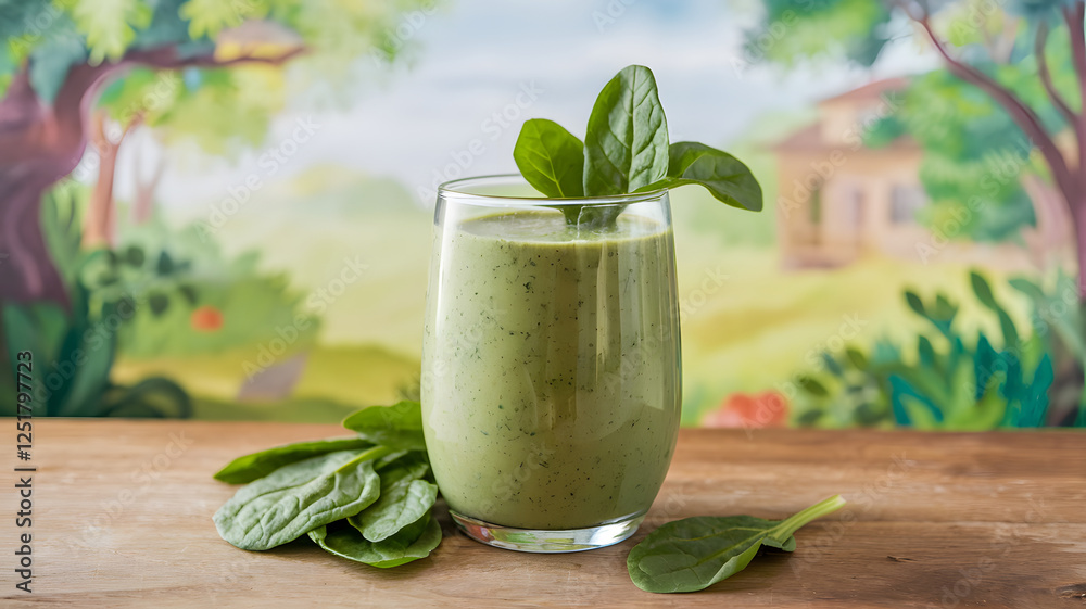 A refreshing green spinach smoothie in a clear glass garnished with fresh spinach leaves, placed on a table with a blurred lush garden background. Perfect for healthy lifestyle and nutrition concepts. A refreshing green spinach smoothie in a clear glass garnished with fresh spinach leaves, placed on a table with a blurred lush garden background. Perfect for healthy lifestyle and nutrition concepts.