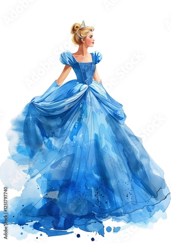 Elegant watercolor painting of a young woman in a beautiful blue ball gown, radiating grace and fairytale charm.