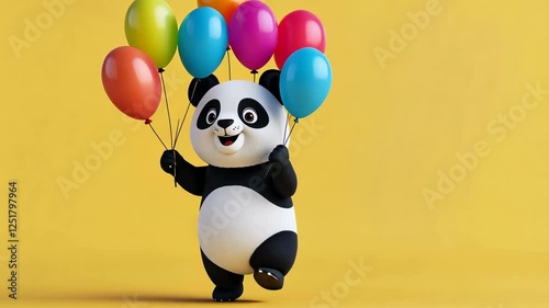 A friendly panda joyfully steps forward, carrying colorful balloons, creating a festive atmosphere.