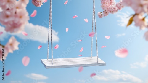 Fototapeta Naklejka Na Ścianę i Meble -  Serene springtime scene  a white wooden swing amidst floating pink cherry blossoms under blue skies