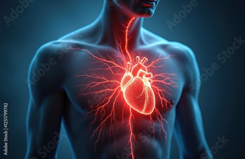Illustration of man with bright red heart, blood vessels on chest. Cardiovascular disease, heart attack, chest pain. Represents cardiology, cardiac health, medical emergencies. Health concept.